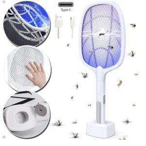 Raquete Mata Mosquito Recarregavel Com Suporte De Mesa Casa Cor Branco1