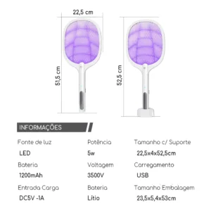 Raquete Mata Mosquito Recarregavel Com Suporte De Mesa Casa Cor Branco5